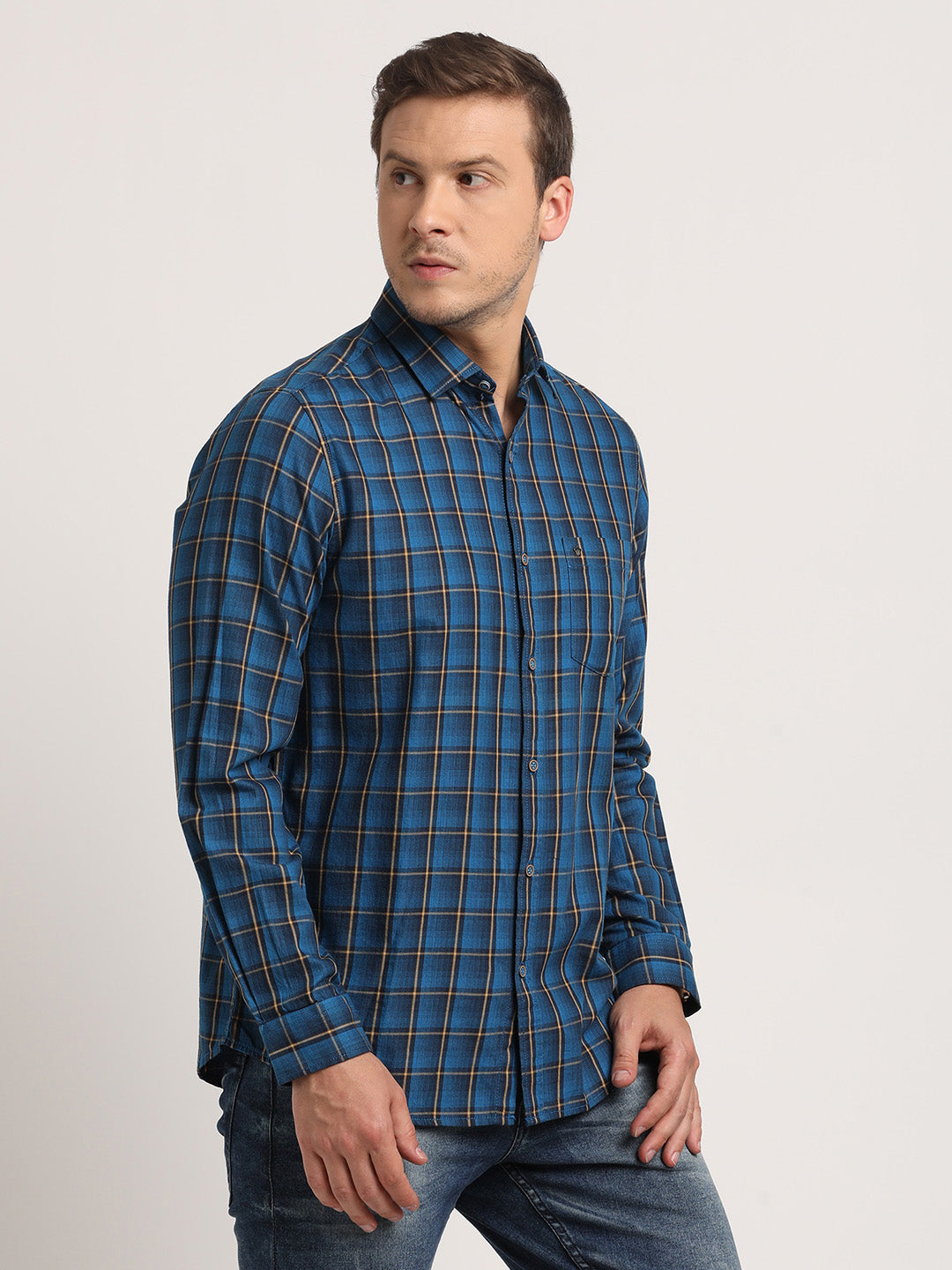 100% Cotton Blue Checkered Slim Fit Full Sleeve Casual Shirt