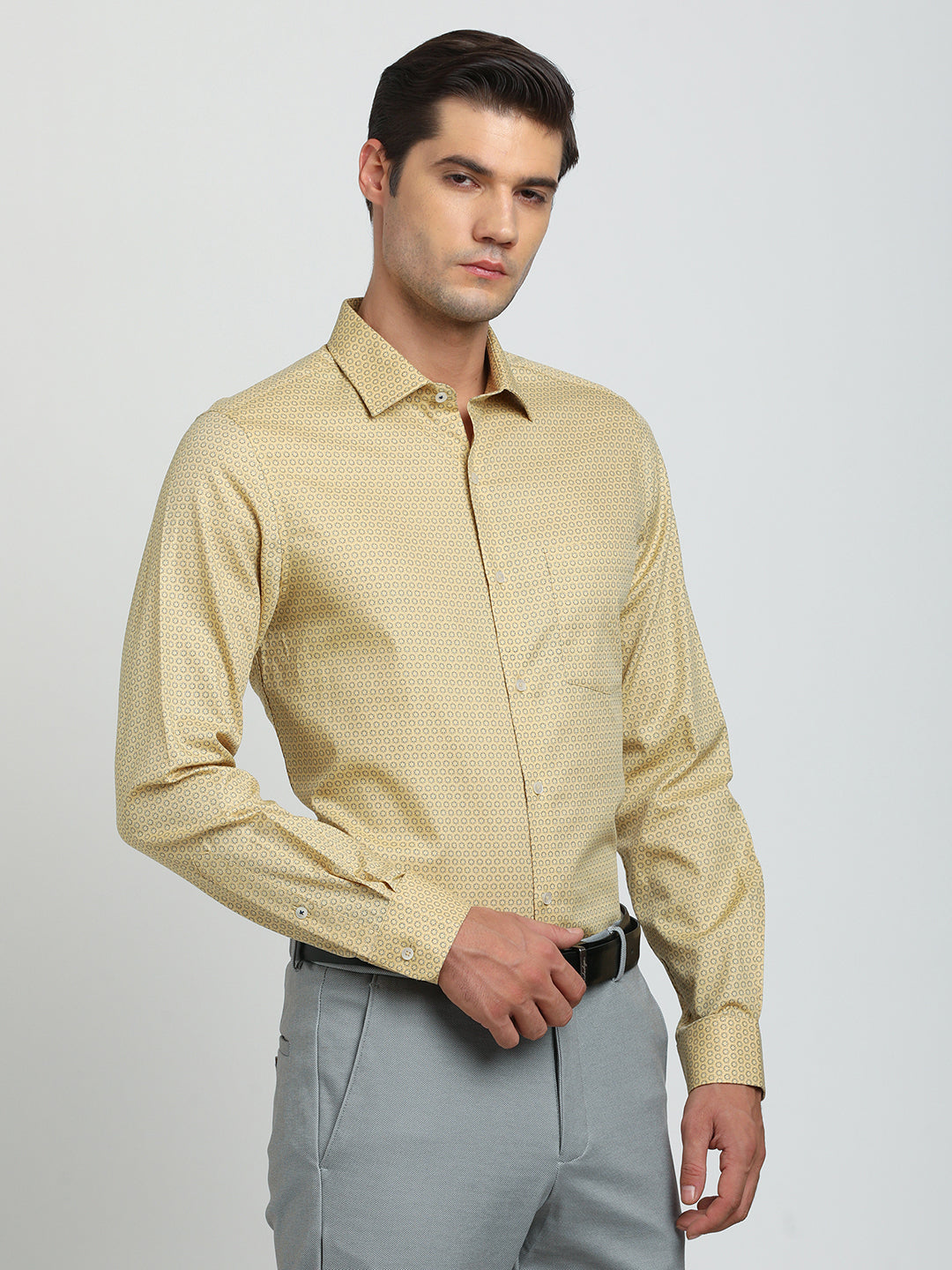 100% Cotton Yellow Printed Slim Fit Full Sleeve Formal Shirt