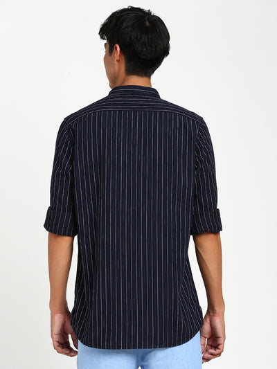 100% Cotton Navy Blue Striped Kurta Full Sleeve Casual Shirt