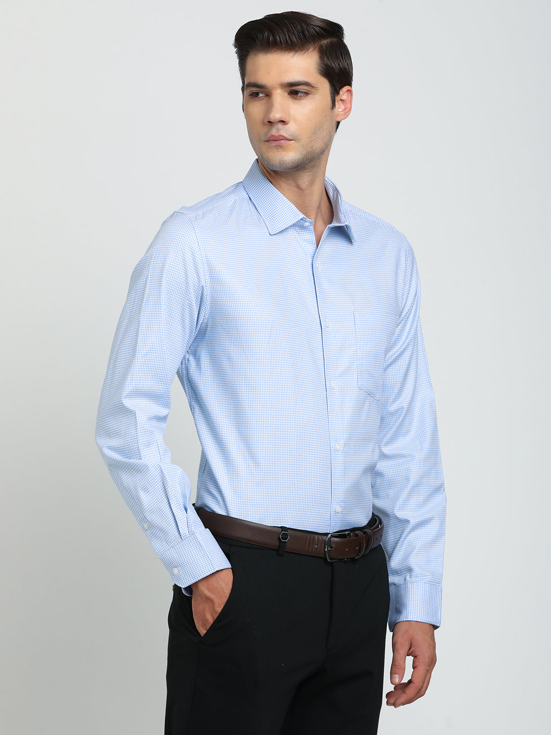 100% Cotton Sky Blue Checkered Slim Fit Full Sleeve Formal Shirt