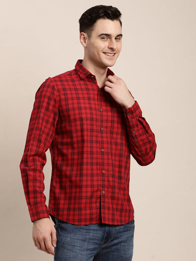 100% Cotton Red Checkered Slim Fit Full Sleeve Casual Shirt