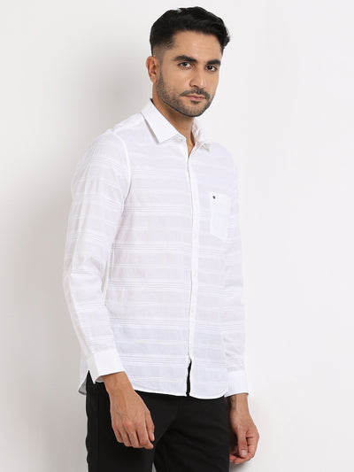 100% Cotton White Striped Slim Fit Full Sleeve Casual Shirt