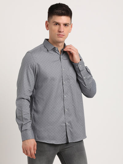 Cotton Tencel Grey Printed Slim Fit Full Sleeve Formal Shirt