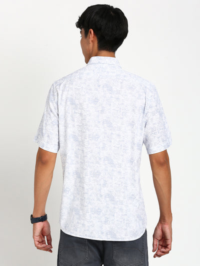 Cotton Tencel White Printed Slim Fit Half Sleeve Casual Shirt