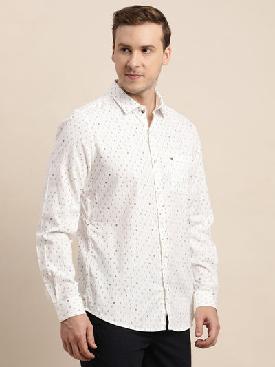 100% Cotton White Printed Slim Fit Full Sleeve Casual Shirt