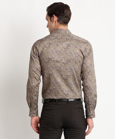 Cotton Tencel Khaki Printed Slim Fit Full Sleeve Ceremonial Shirt