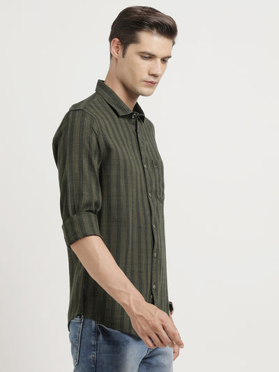 100% Cotton Green Striped Slim Fit Full Sleeve Casual Shirt