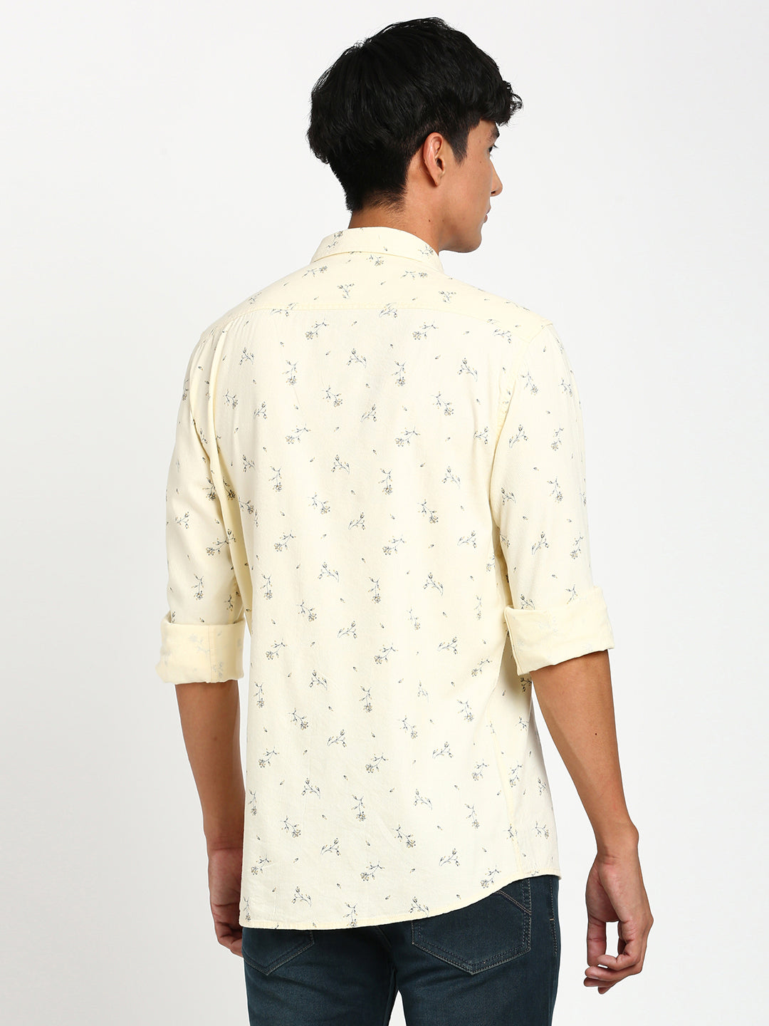 Cotton Tencel Yellow Printed Slim Fit Full Sleeve Casual Shirt