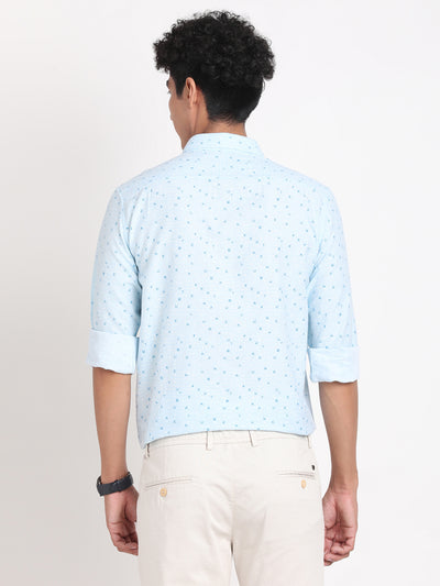 Cotton Melange Light Blue Printed Slim Fit Full Sleeve Casual Shirt