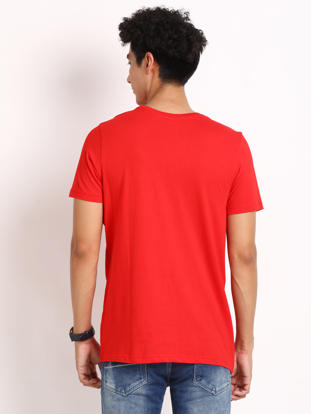 Essential 100% Cotton Red Chest Printed Round Neck Half Sleeve Casual T-Shirt