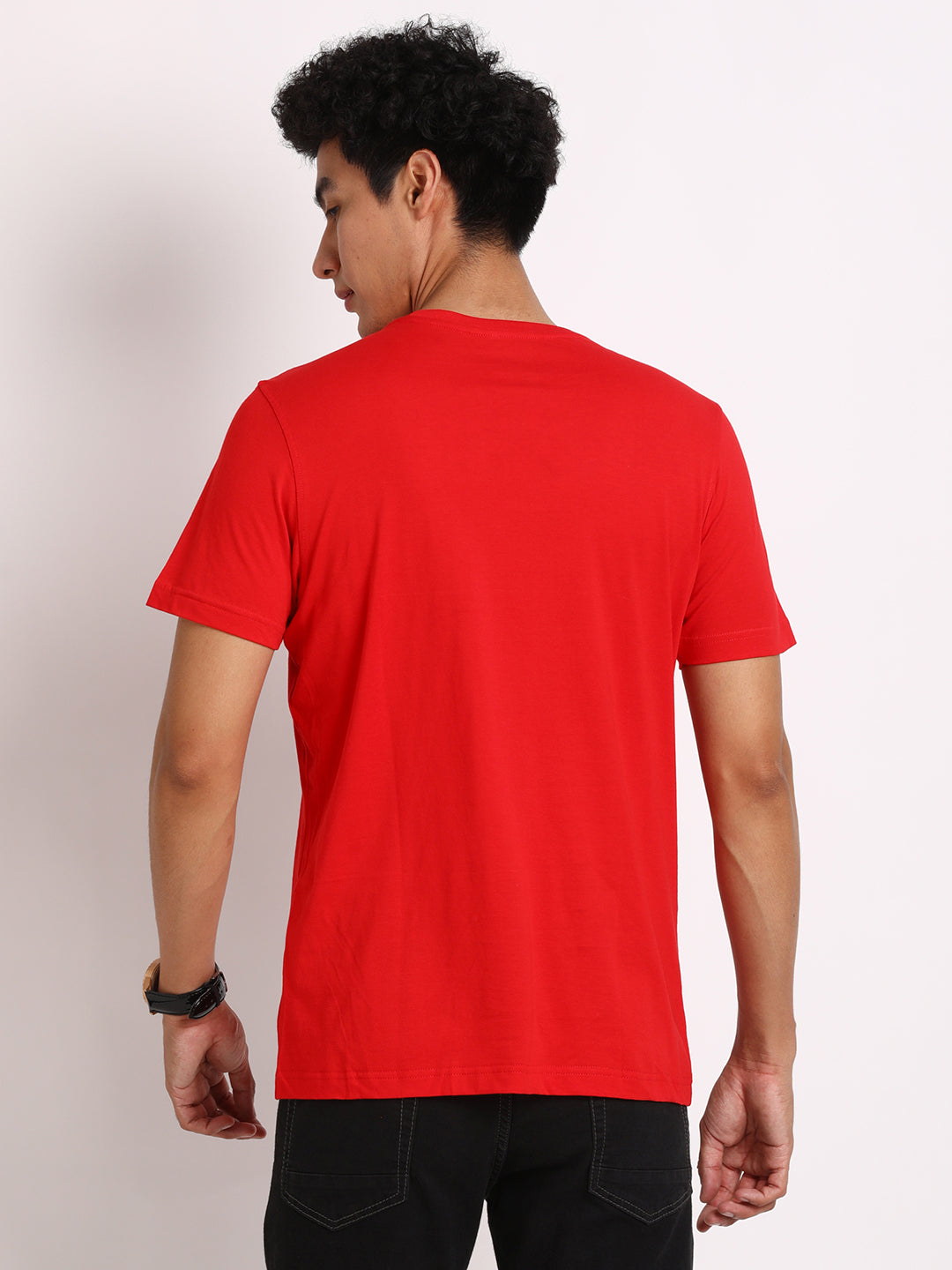 Essential 100% Cotton Red Chest Printed Round Neck Half Sleeve Casual T-Shirt