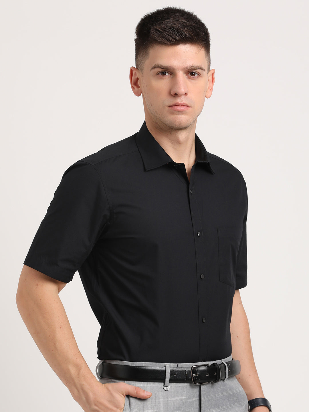 100% Cotton Black Plain Regular Fit Half Sleeve Formal Shirt