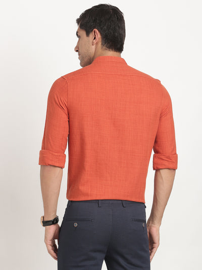 Cotton Lyocell Rust Plain Slim Fit Mandarin Collar Casual Shirt