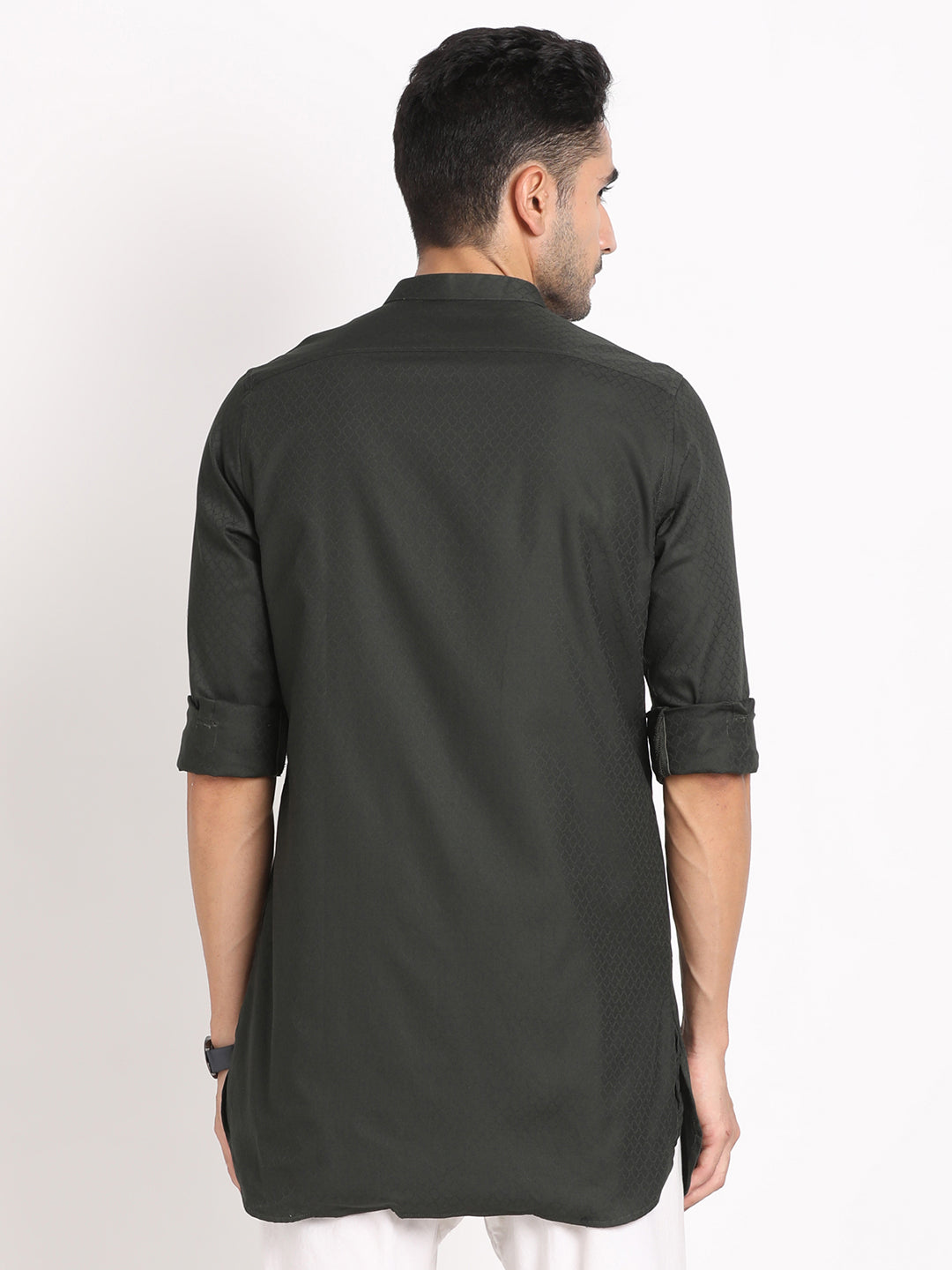 100% Cotton Dark Green Jacquard Kurta Full Sleeve Ceremonial Shirt