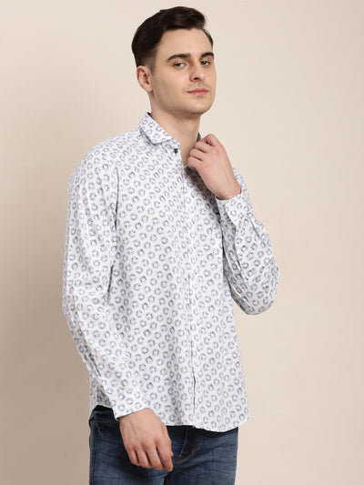 100% Cotton White Printed Slim Fit Full Sleeve Casual Shirt