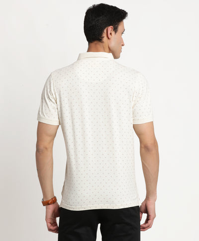 100% Cotton Cream Printed Polo Neck Half Sleeve Casual T-Shirt