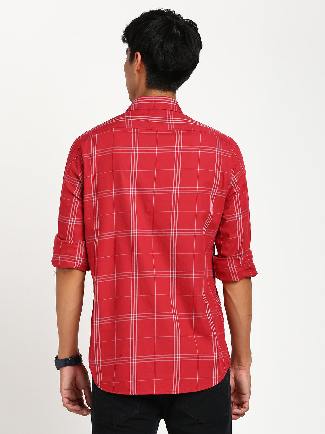 100% Cotton Red Checkered Slim Fit Full Sleeve Casual Shirt