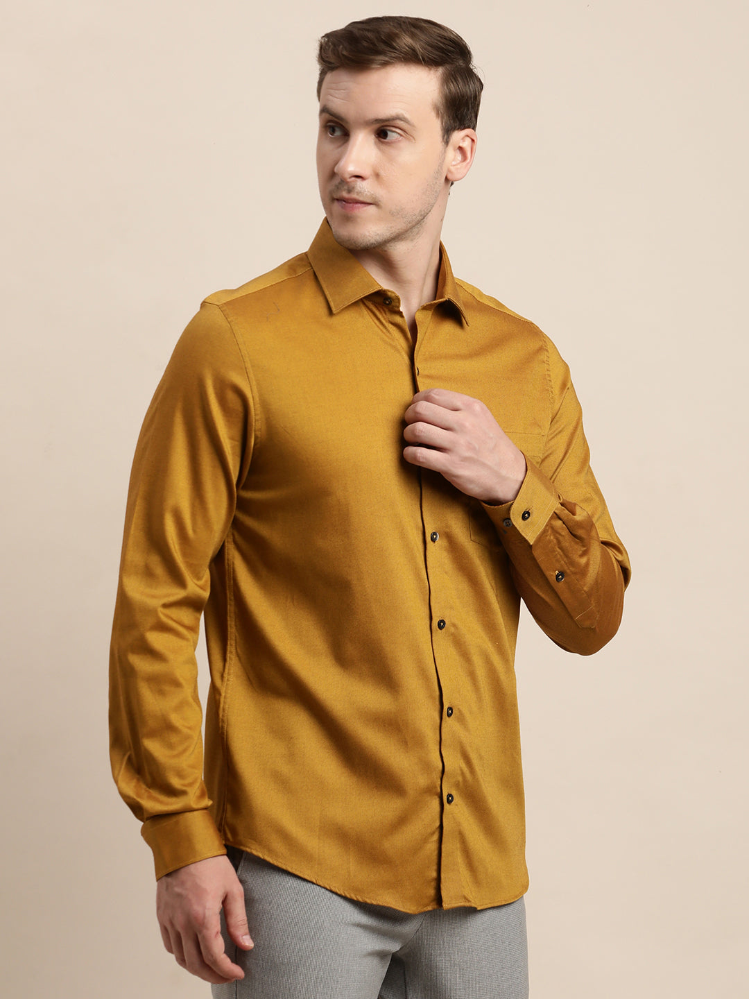 100% Cotton Mustard Dobby Slim Fit Full Sleeve Formal Shirt