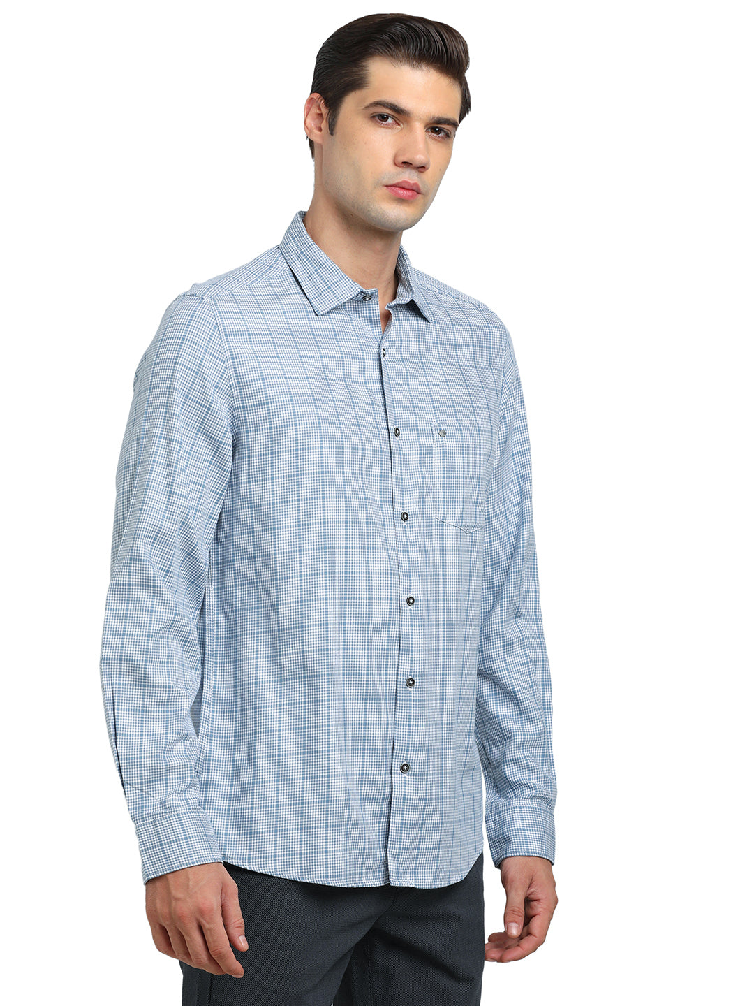 100% Cotton Light Blue Checkered Slim Fit Full Sleeve Casual Shirt