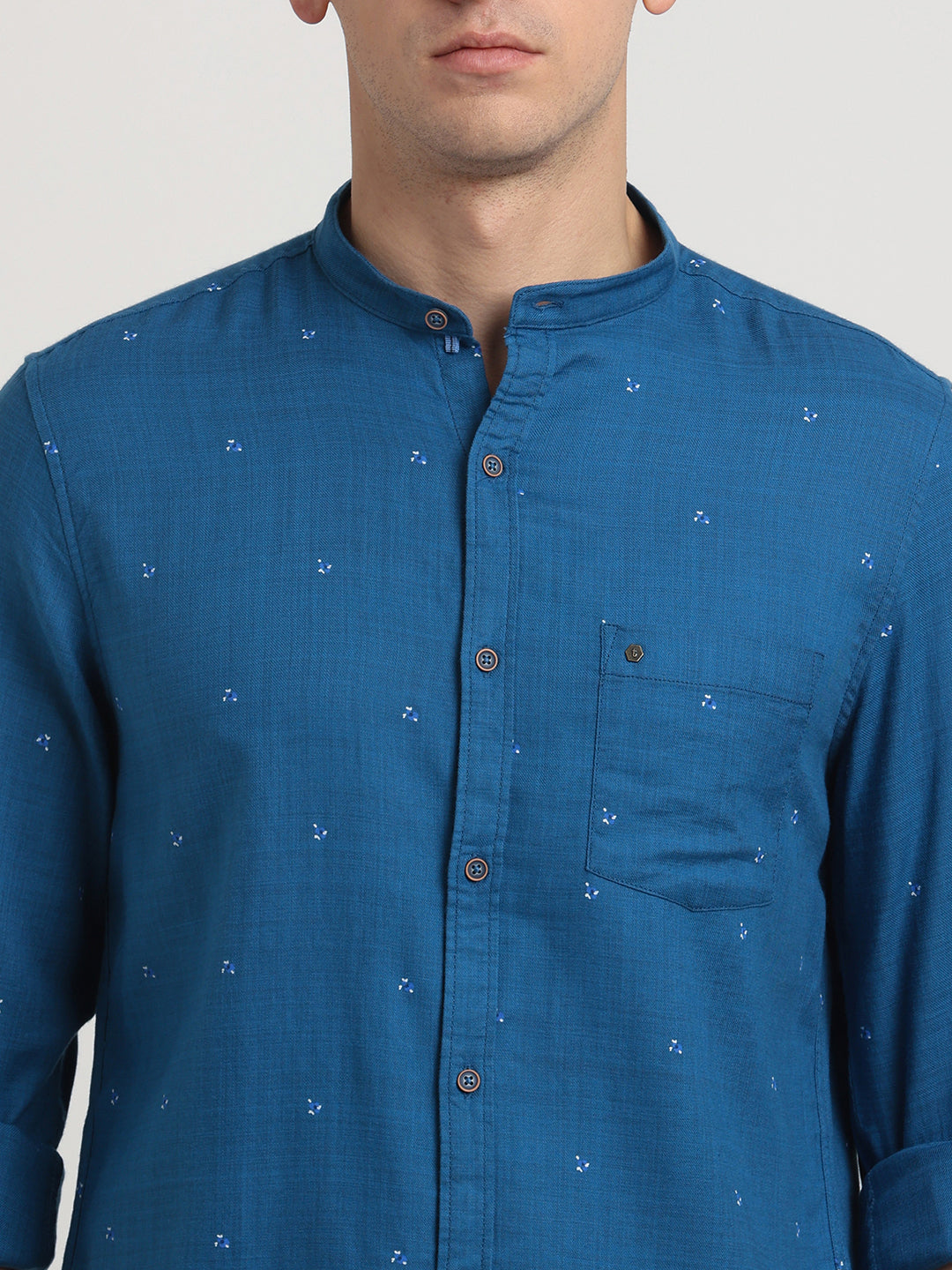 Cotton Lyocell Teal Printed Slim Fit Mandarin Collar Casual Shirt