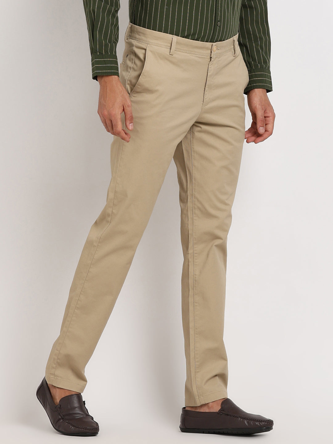 Cotton Stretch Khaki Plain Ultra Slim Fit Flat Front Casual Trouser
