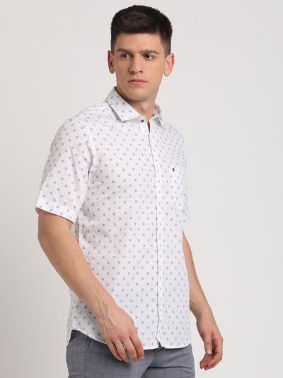 100% Cotton White Printed Slim Fit Half Sleeve Casual Shirt