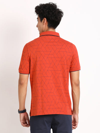 100% Cotton Orange Printed Polo Neck Half Sleeve Casual T-Shirt