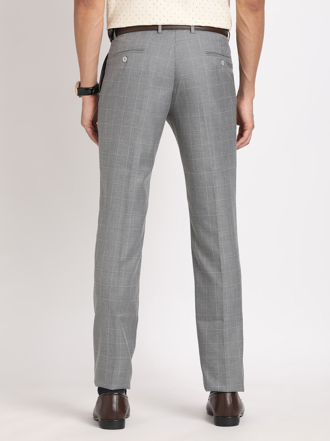 Poly Viscose Stretch Smokey Grey Checkered Slim Fit Flat Front Formal Trouser