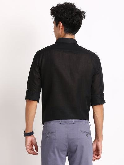 Cotton Linen Black Plain Slim Fit Full Sleeve Formal Shirt