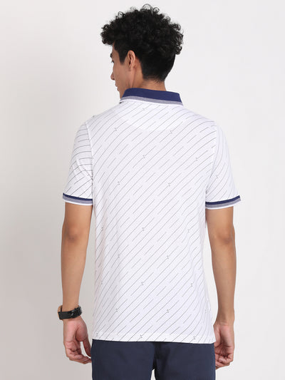 100% Cotton White Printed Polo Neck Half Sleeve Casual T-Shirt