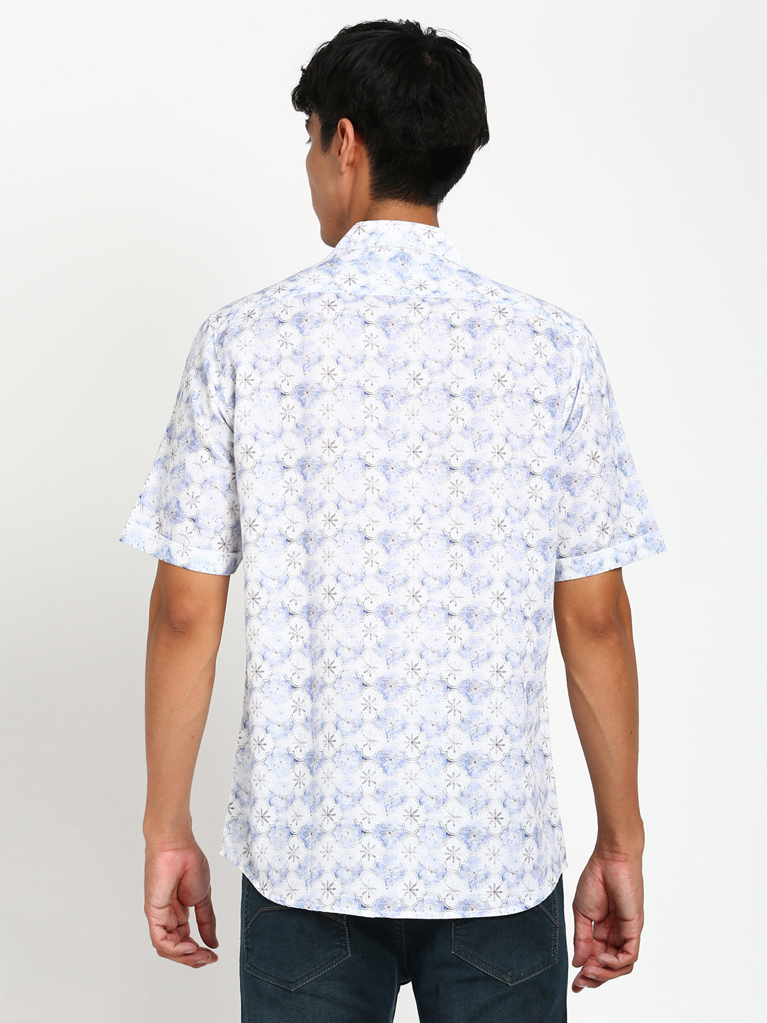 Cotton Blue Printed Slim Fit Half Sleeve Casual Shirt