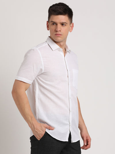 Cotton Linen White Plain Slim Fit Half Sleeve Formal Shirt