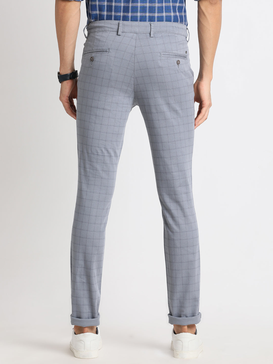 Cotton Stretch Grey Checkered Narrow Fit Flat Front Casual Trouser