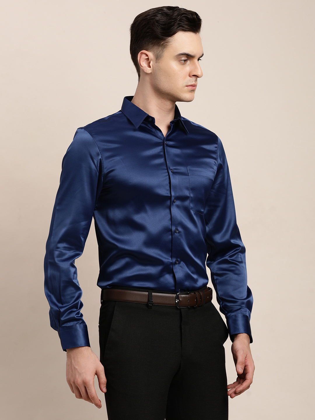 Poly Satin Blue Plain Regular Fit Full Sleeve Ceremonial Shirt