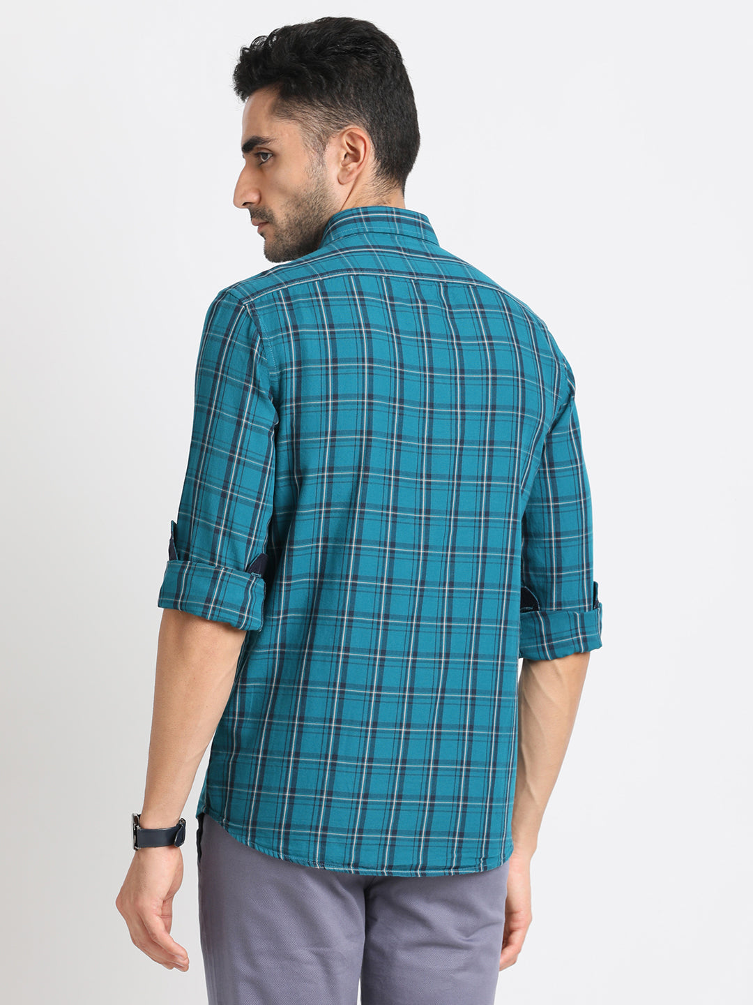 100% Cotton Blue Checkered Slim Fit Full Sleeve Casual Shirt