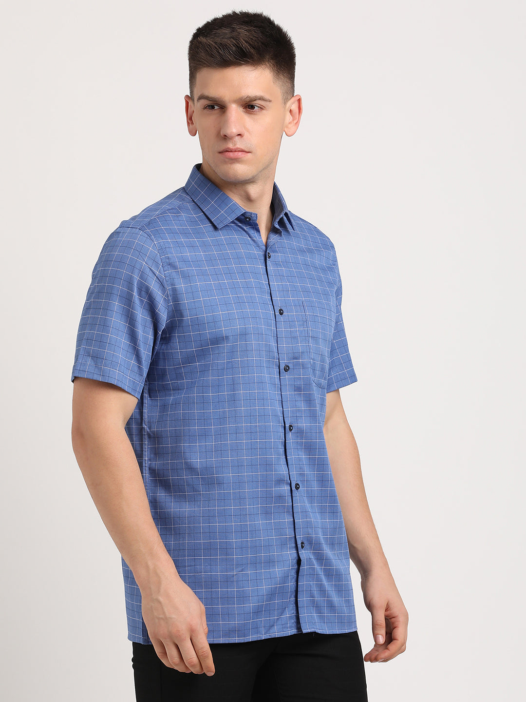 100% Cotton Blue Checkered Regular Fit Half Sleeve Formal Shirt