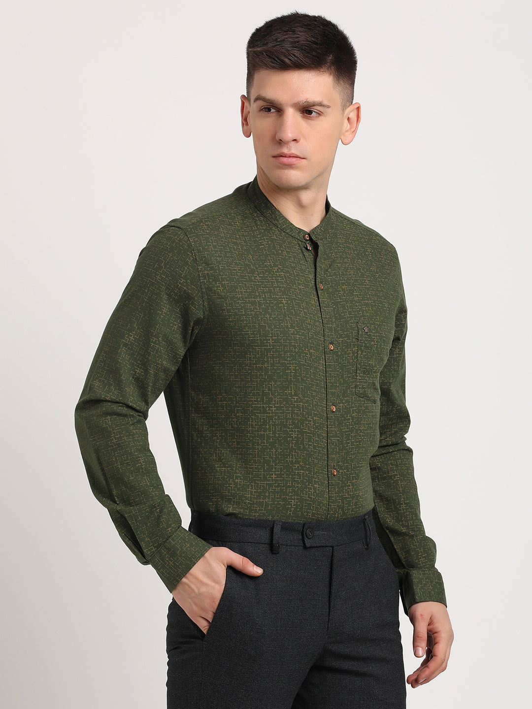 100% Cotton Dark Green Printed Slim Fit Full Sleeve Casual Shirt