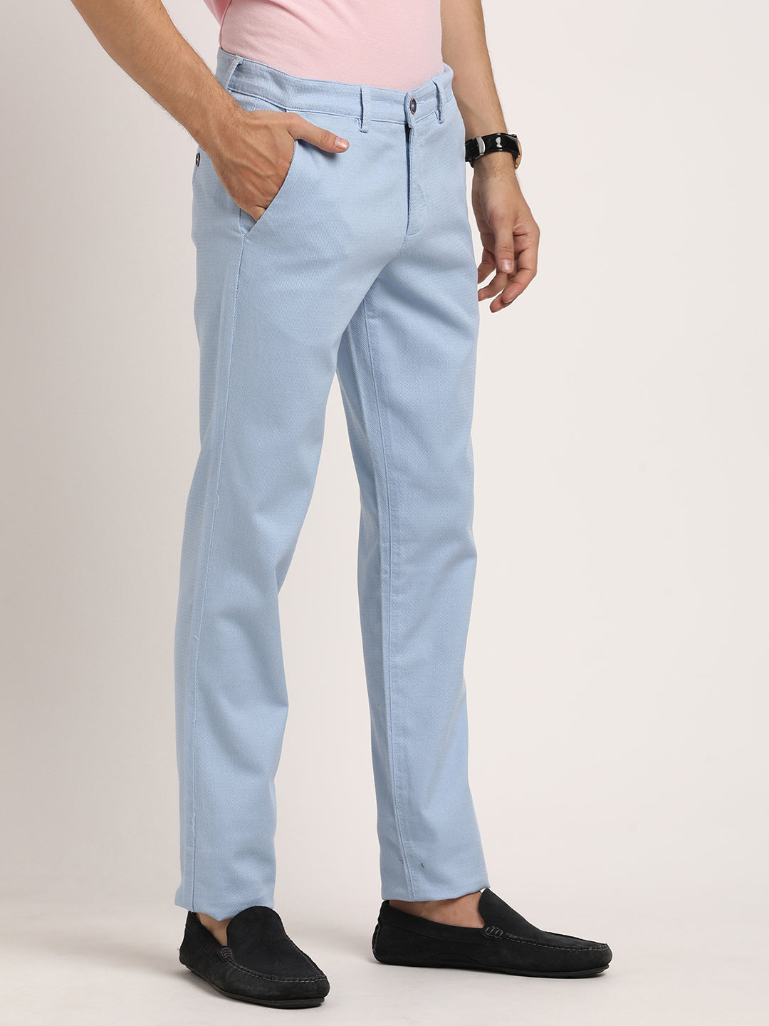 Cotton Stretch Light Blue Dobby Ultra Slim Fit Flat Front Casual Trouser