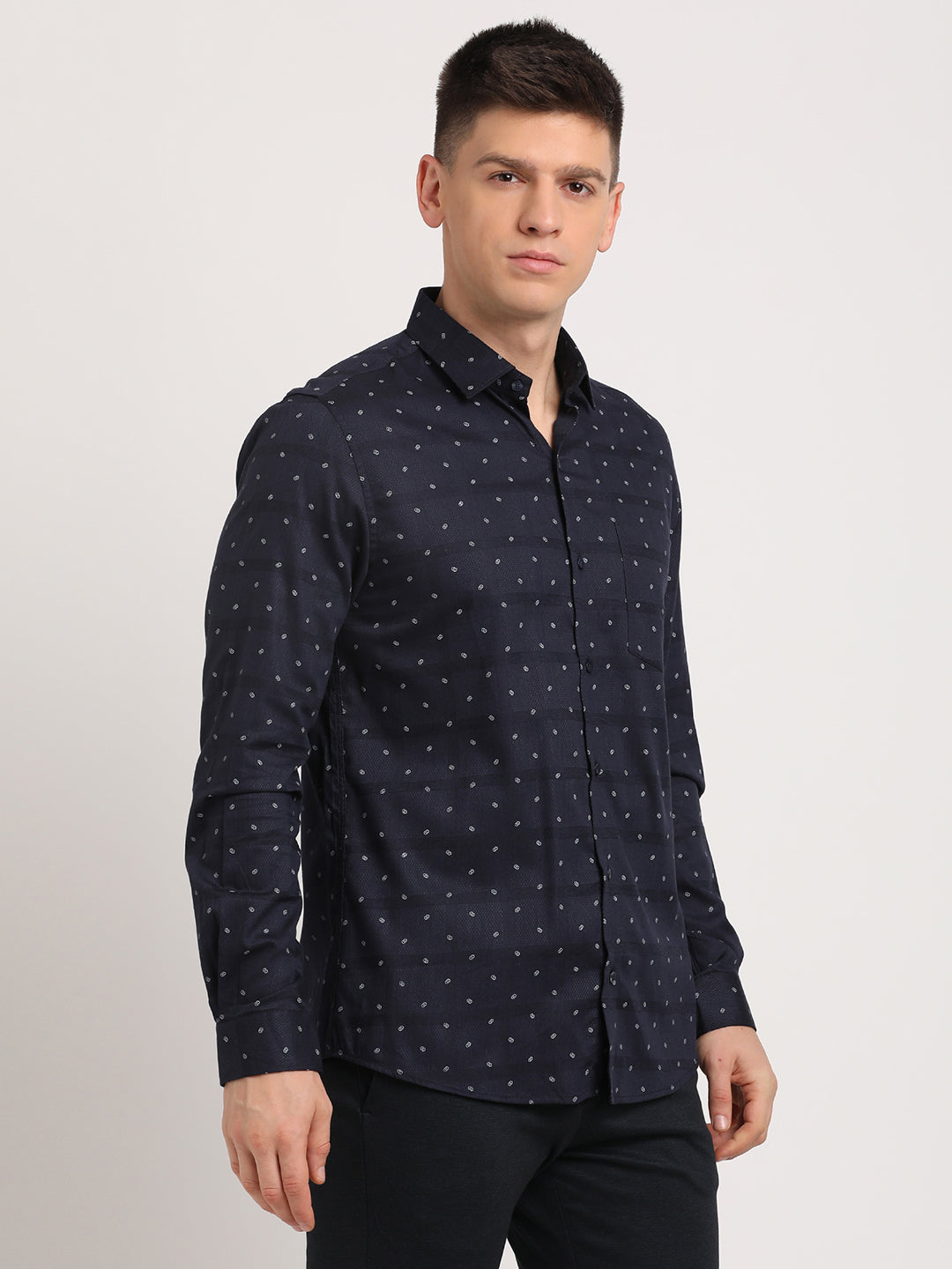 Cotton Tencel Navy Blue Printed Slim Fit Full Sleeve Formal Shirt