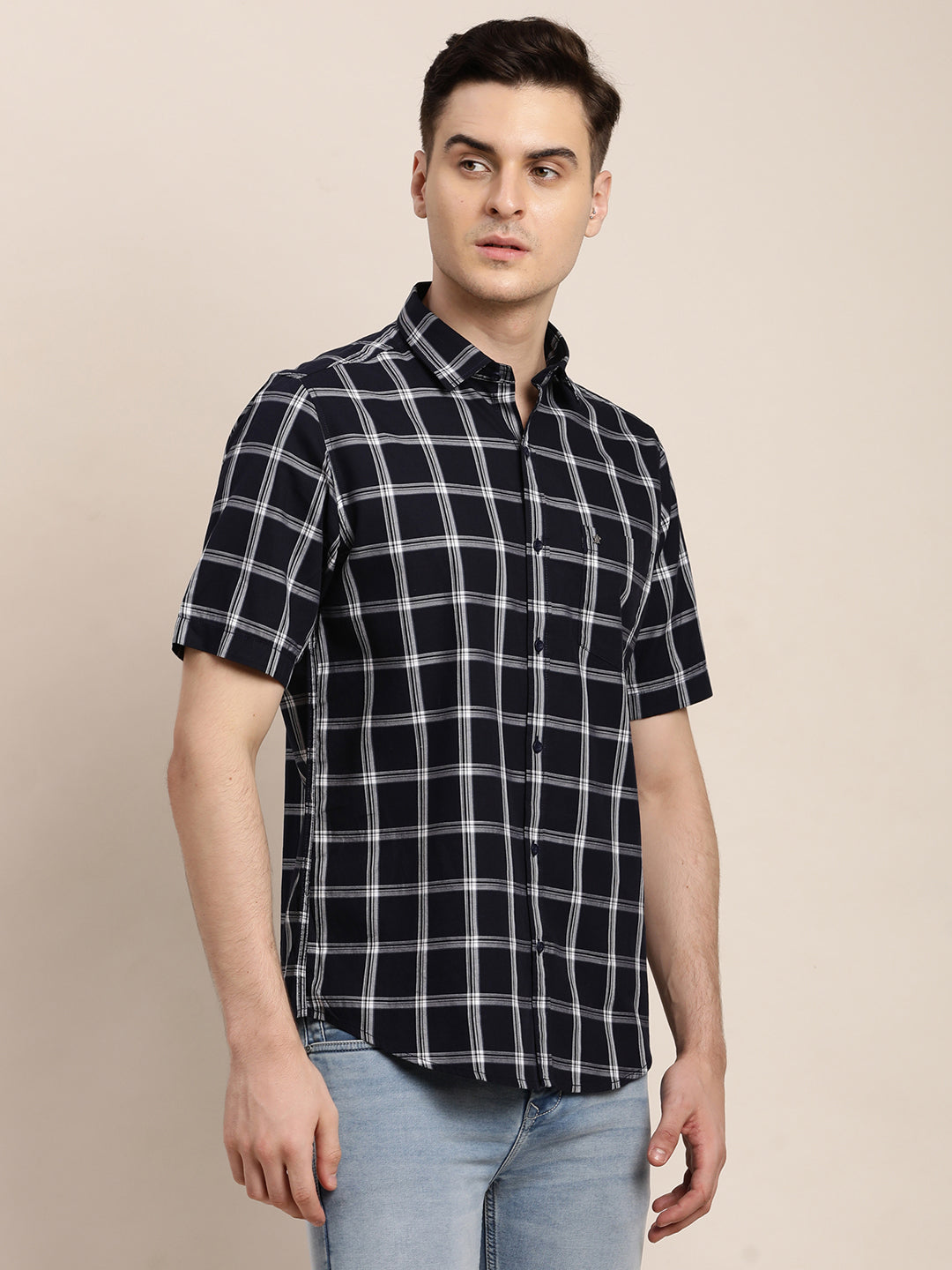 100% Cotton Blue Checkered Slim Fit Half Sleeve Casual Shirt