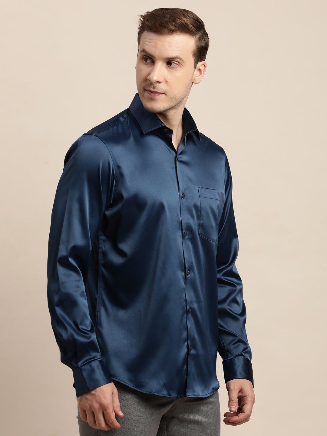 Poly Satin Blue Plain Slim Fit Full Sleeve Ceremonial Shirt