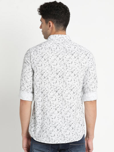 100% Cotton White Printed Slim Fit Full Sleeve Casual Shirt