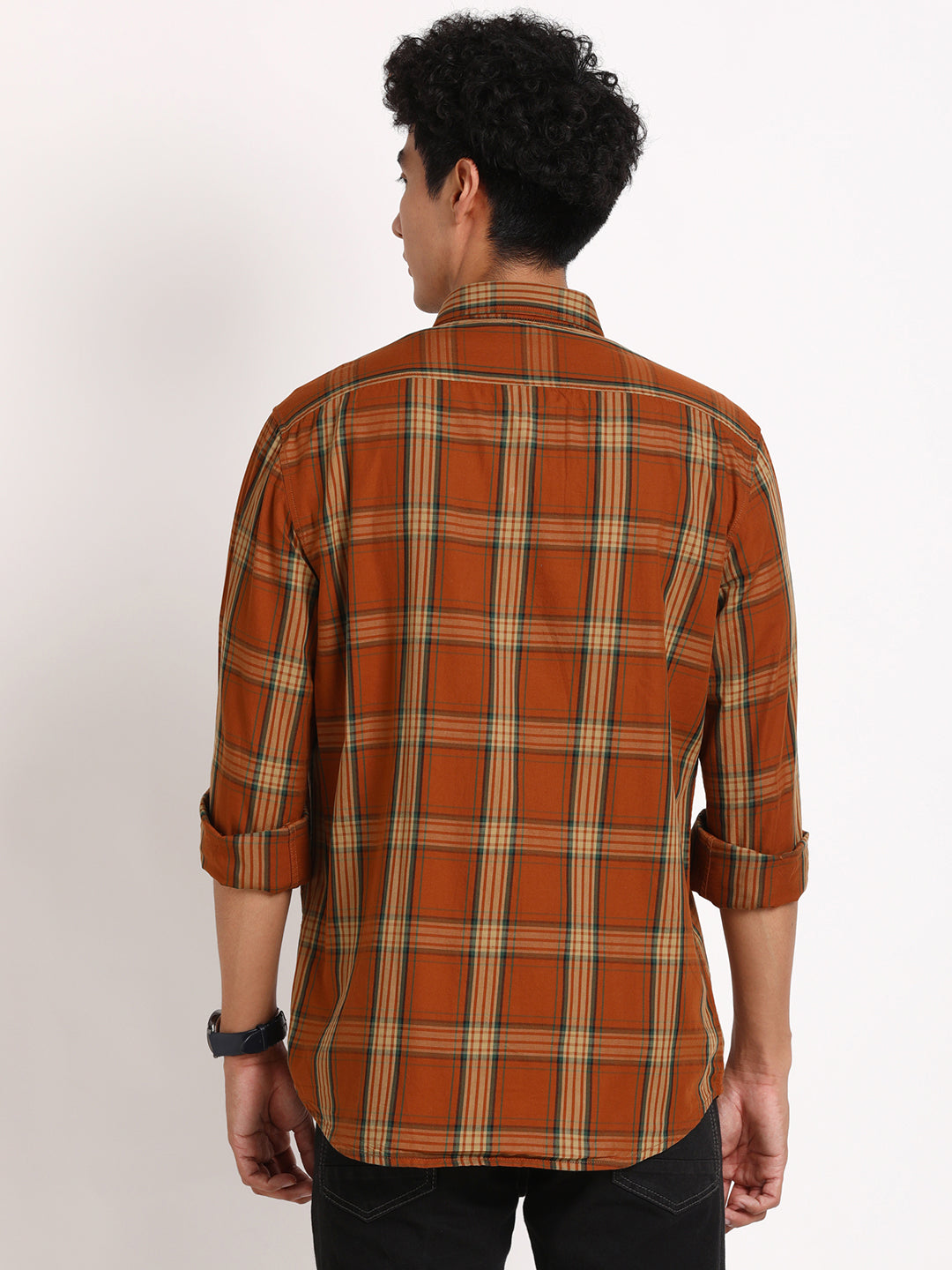 100% Cotton Brown Checkered Slim Fit Full Sleeve Casual Shirt