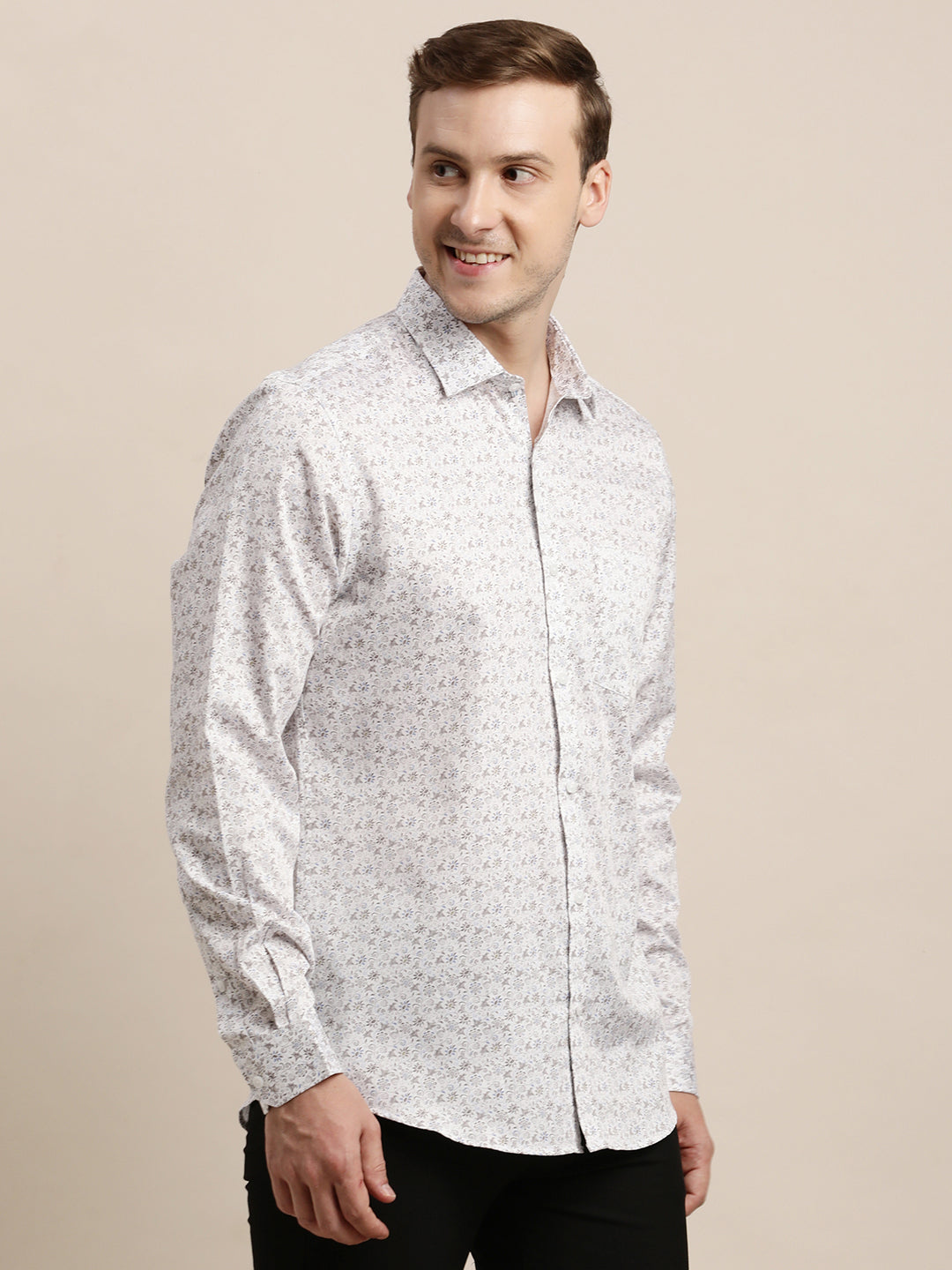 100% Cotton White Printed Slim Fit Full Sleeve Formal Shirt