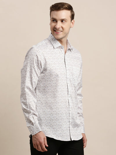 100% Cotton White Printed Slim Fit Full Sleeve Formal Shirt