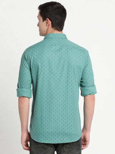 100% Cotton Teal Printed Slim Fit Full Sleeve Casual Shirt