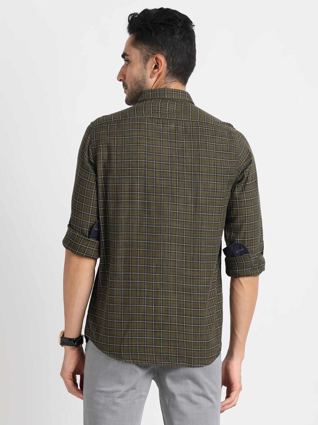 100% Cotton Dark Green Checkered Slim Fit Full Sleeve Casual Shirt