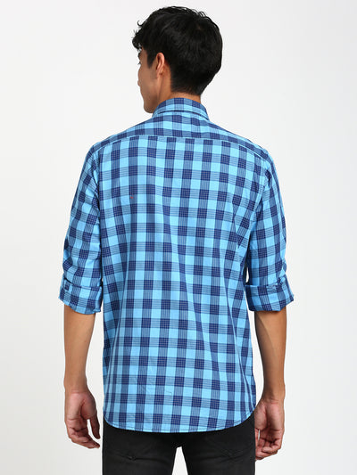 100% Cotton Blue Checkered Slim Fit Full Sleeve Casual Shirt