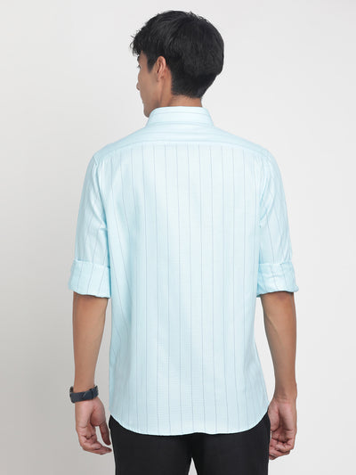 100% Cotton Sky Blue Striped Slim Fit Full Sleeve Formal Shirt