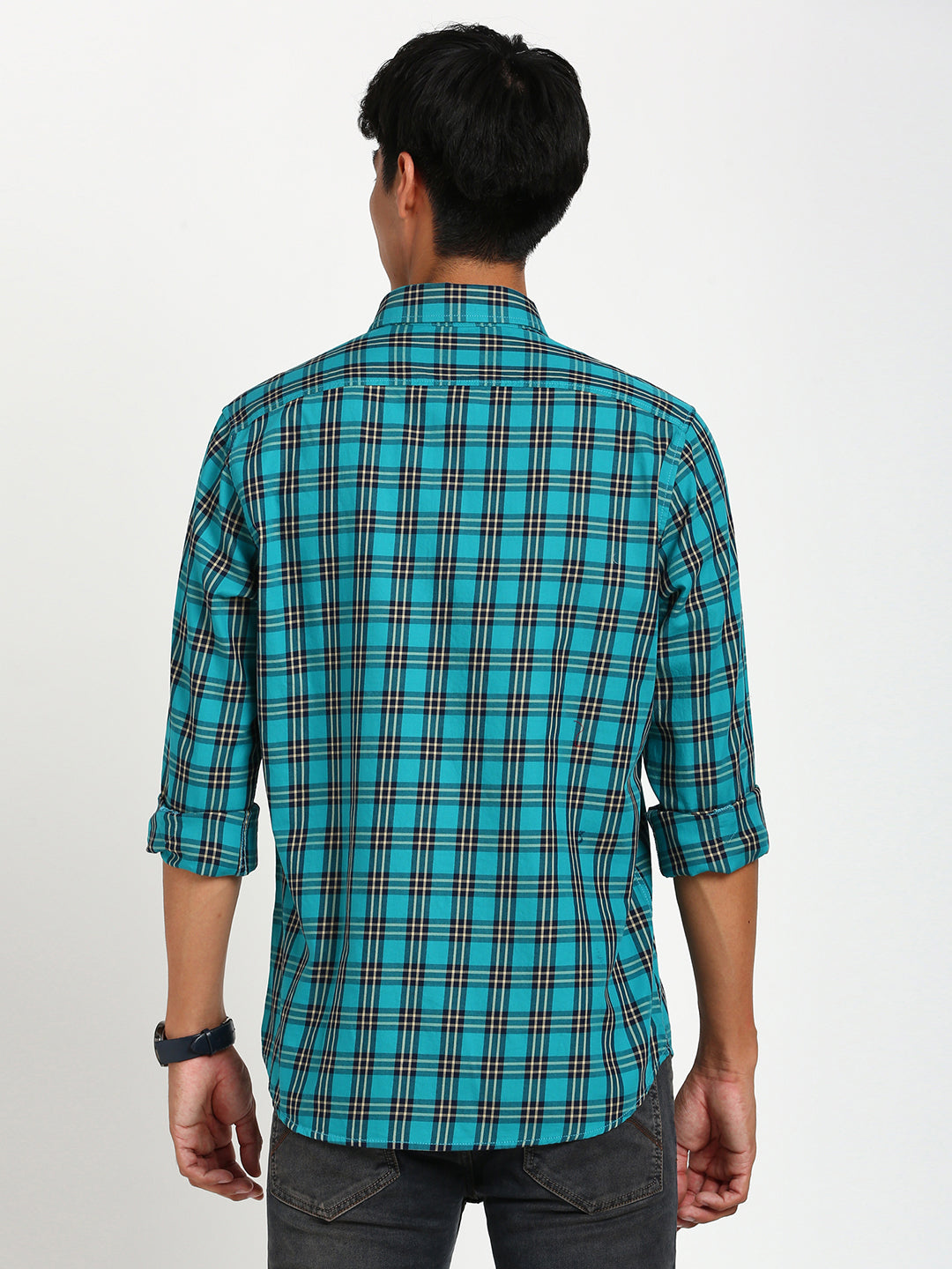 100% Cotton Turquoise Blue Checkered Slim Fit Full Sleeve Casual Shirt